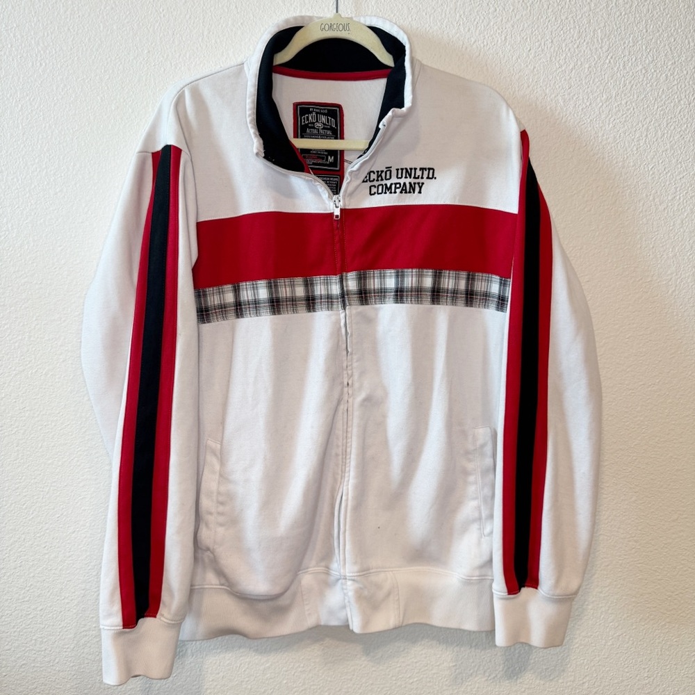 Ecko Unlimited Company Vintage Men's White and Red Zip Sweatshirt Jacket Size M